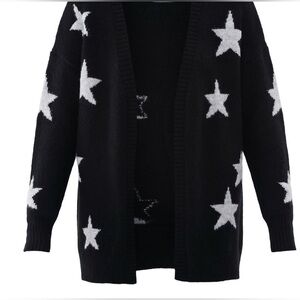 Women’s Long Black Jacquard Knit Cardigan Sweater With White Stars Size Medium